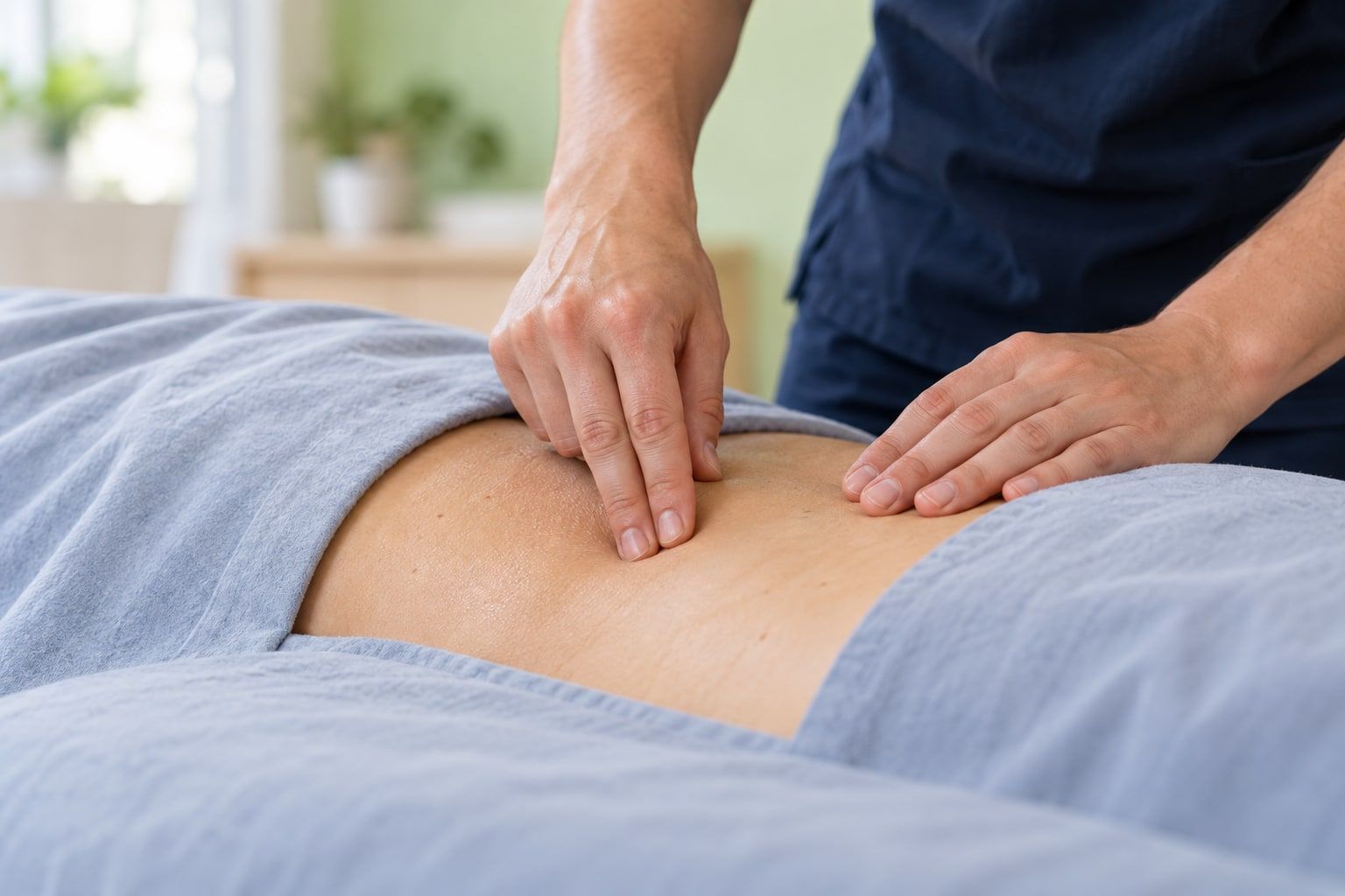 Gezielte Hautverschiebung mit den Fingerspitzen am unteren Rücken