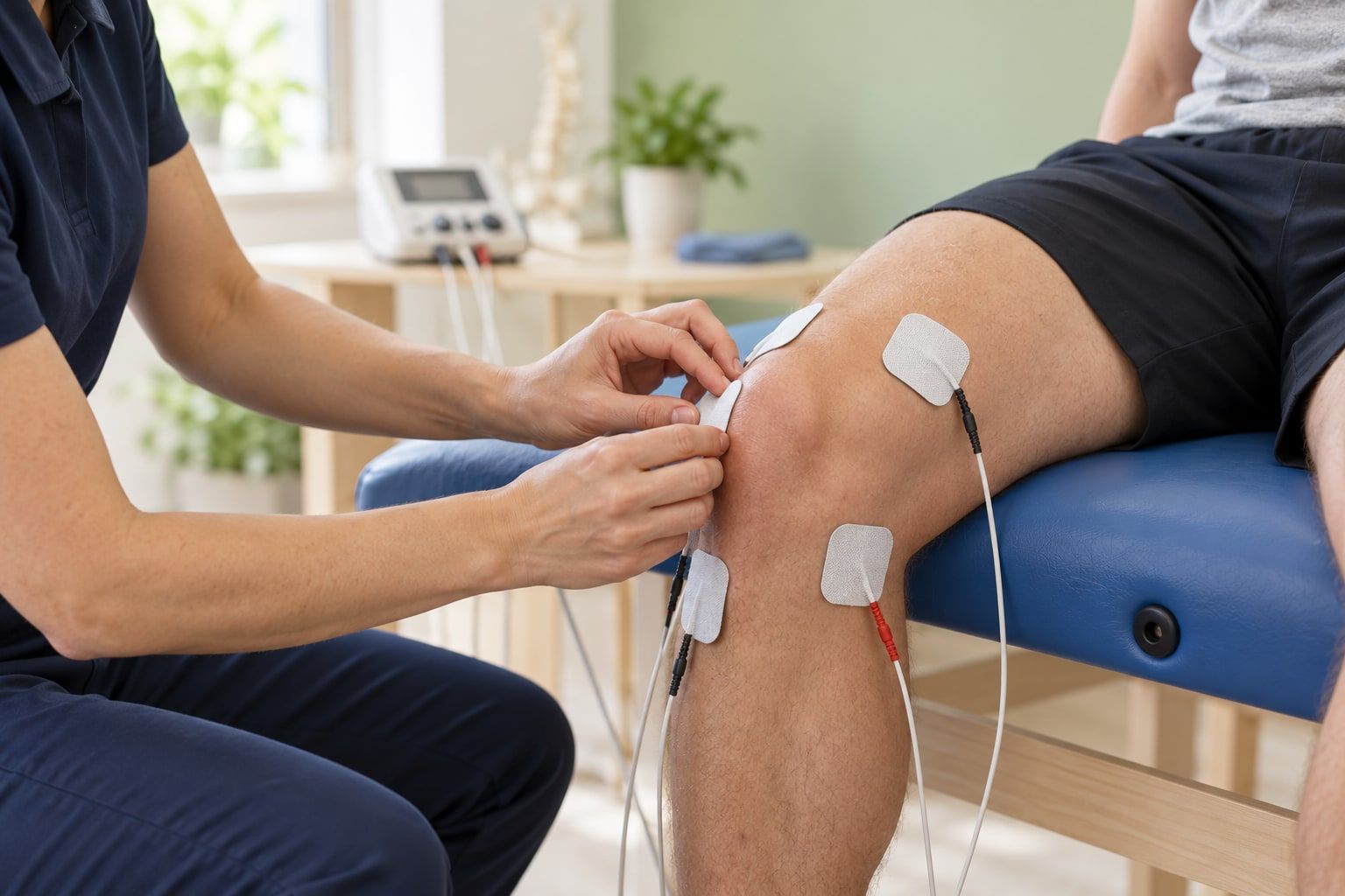 Electroterapia con electrodos adhesivos alrededor de la rodilla