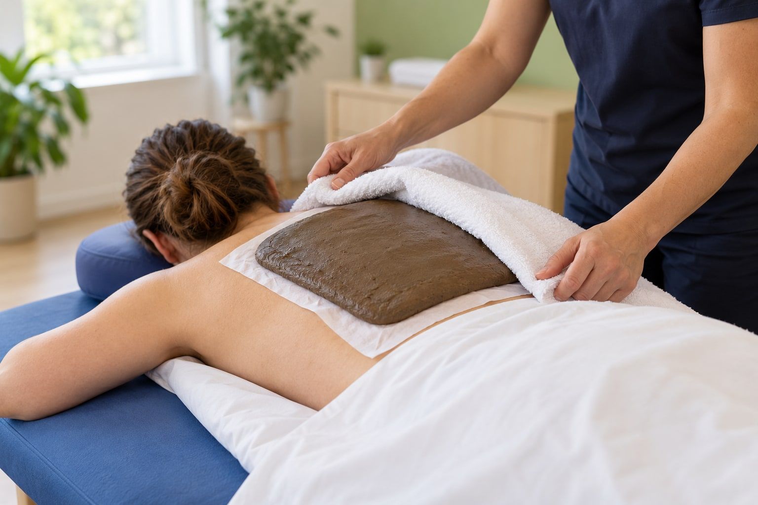 Fango heat pack on the back with an insulating towel