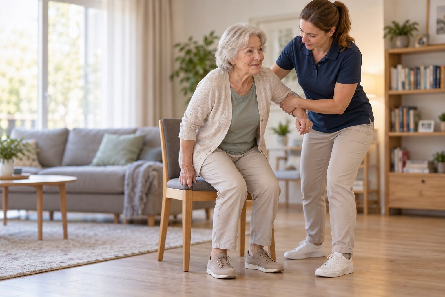 Physiotherapist supporting an older woman as she stands up at home