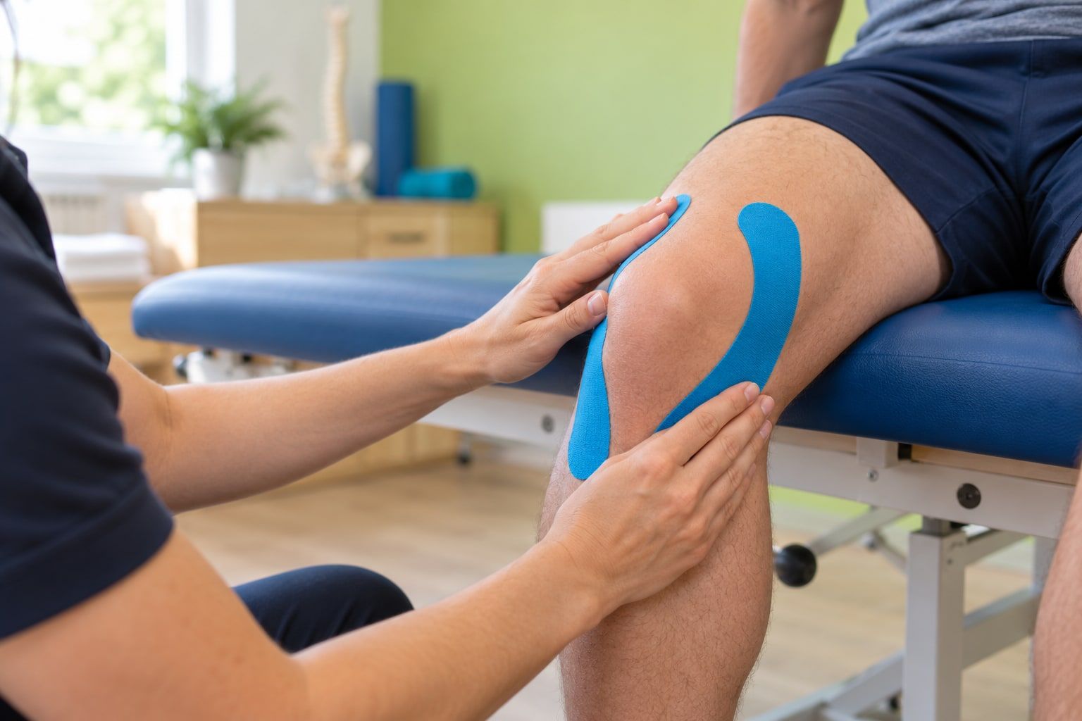 Blaue Kinesio-Tapes werden am Knie eines Patienten glattgestrichen